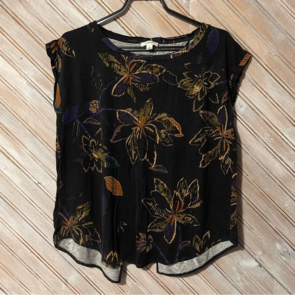 Wilfred short sleeve floral black deep green open back shirt Small soft cozy